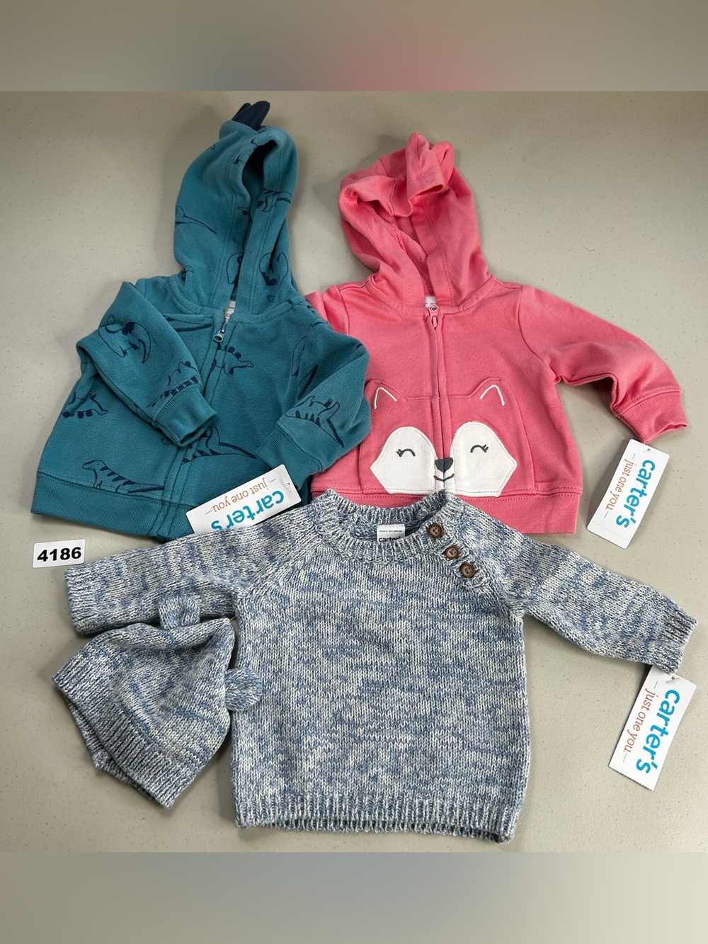 Carter's Newborn 3-Piece Outfit Set Zip Hoodies Sweater Hat Blue Pink Gray